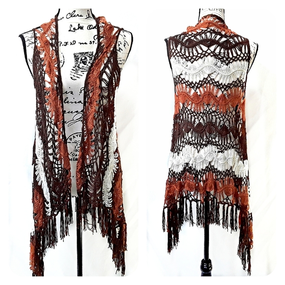 no brand Tops - Cute Crochet Rust//Brown/White Long Fringe Vest